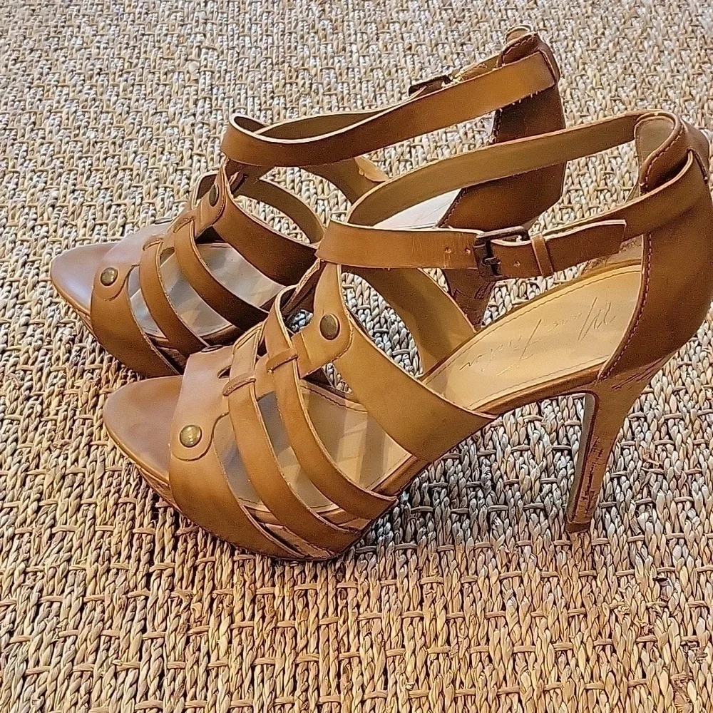 MARC FISHER brown strappy high heels.  Cork heel. Very high. Size is 7.5